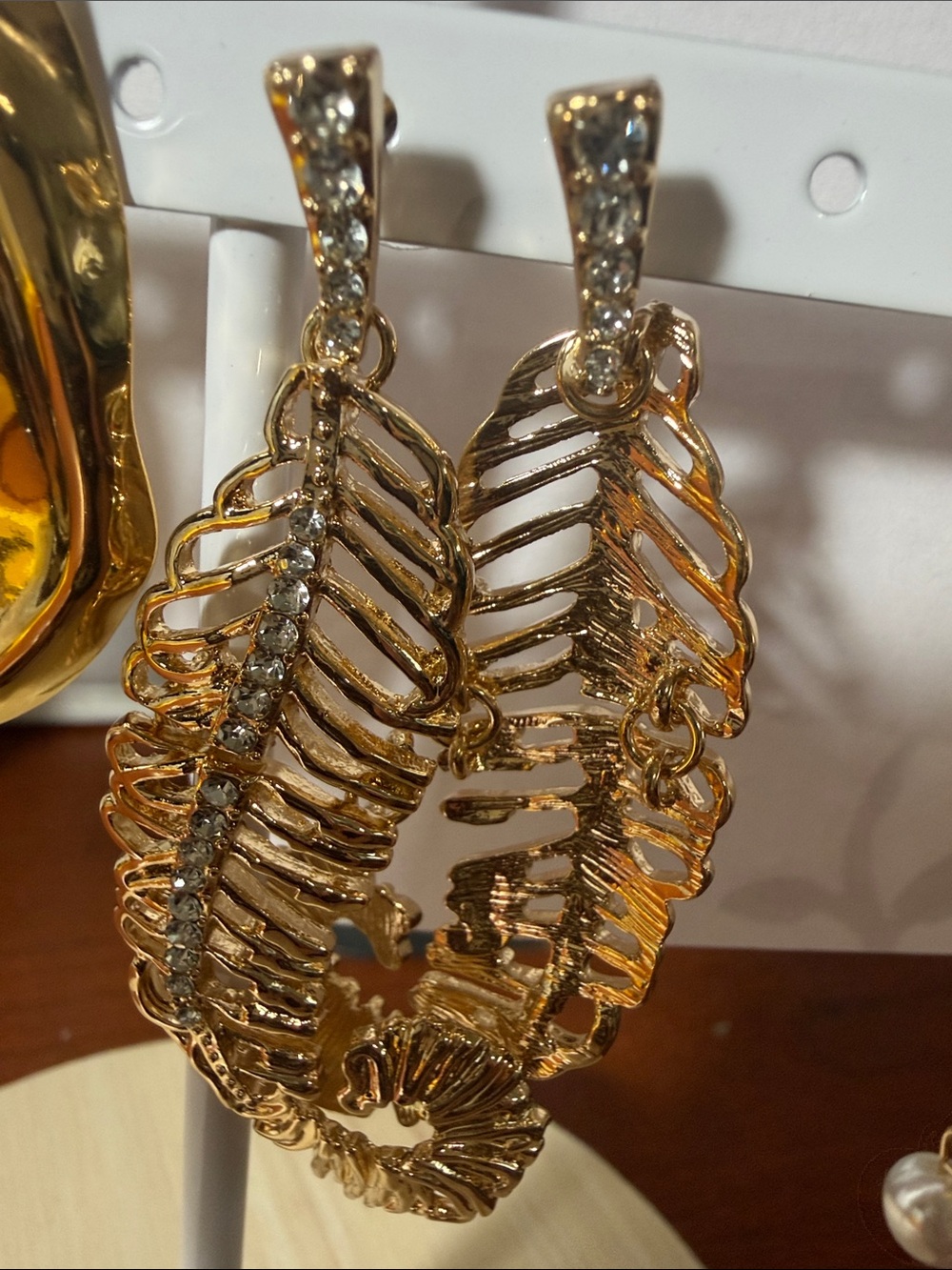 Gold-Tone Leaf Drop Earrings with Crystal Accents